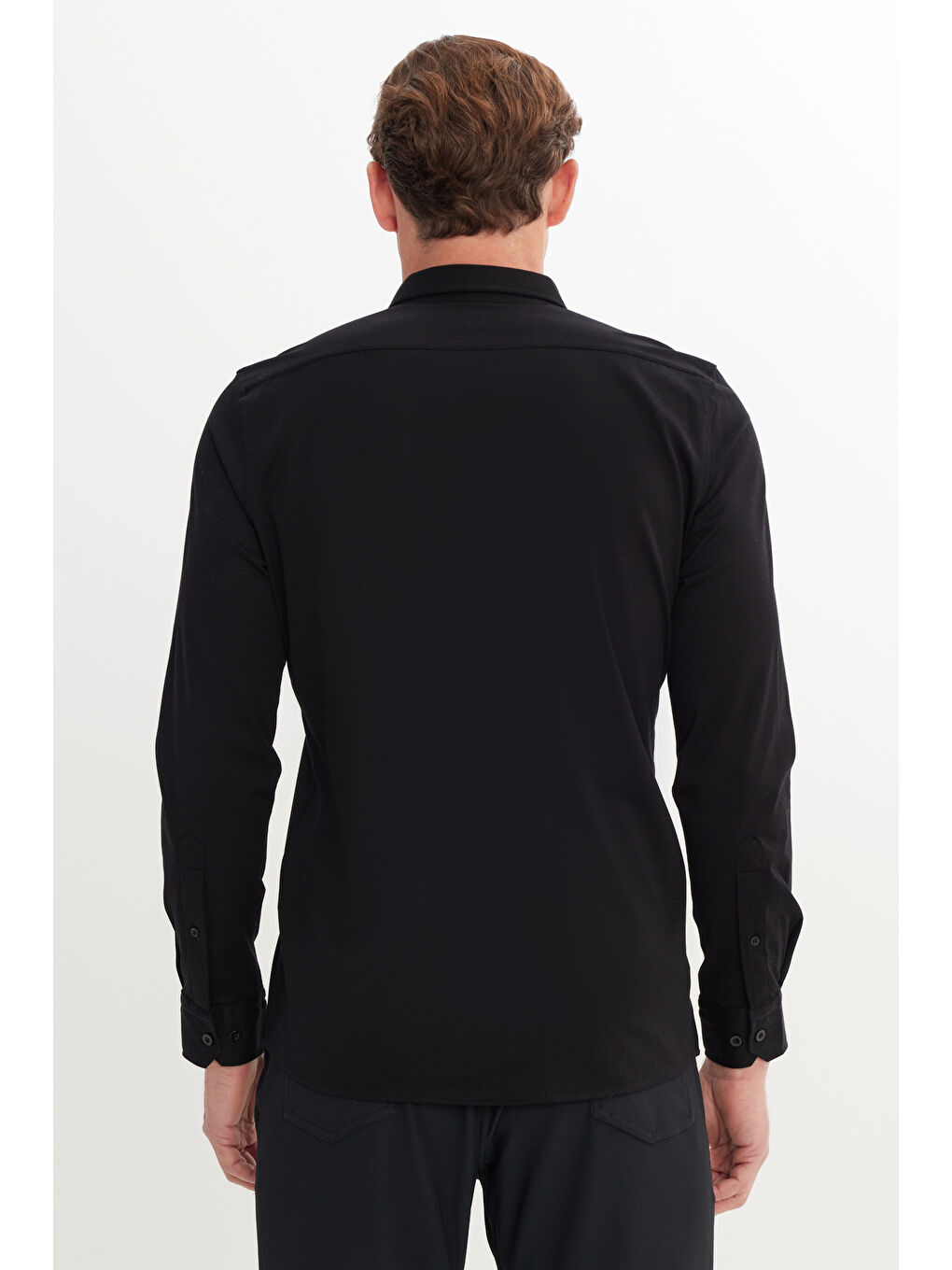 Erkek Siyah %100 Pamuk Örme Slim Fit Dar Kesim Düğmeli Yaka Gömlek-4
