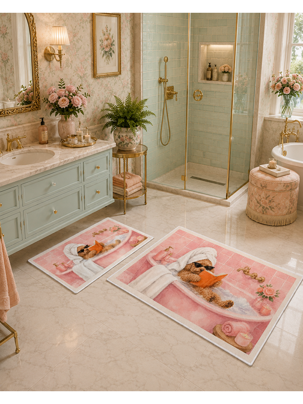 Pembe Köpek Desenli Kaymaz Taban Banyo Paspası 2’li Set Sevimli Çocuk Banyo Halısı-6