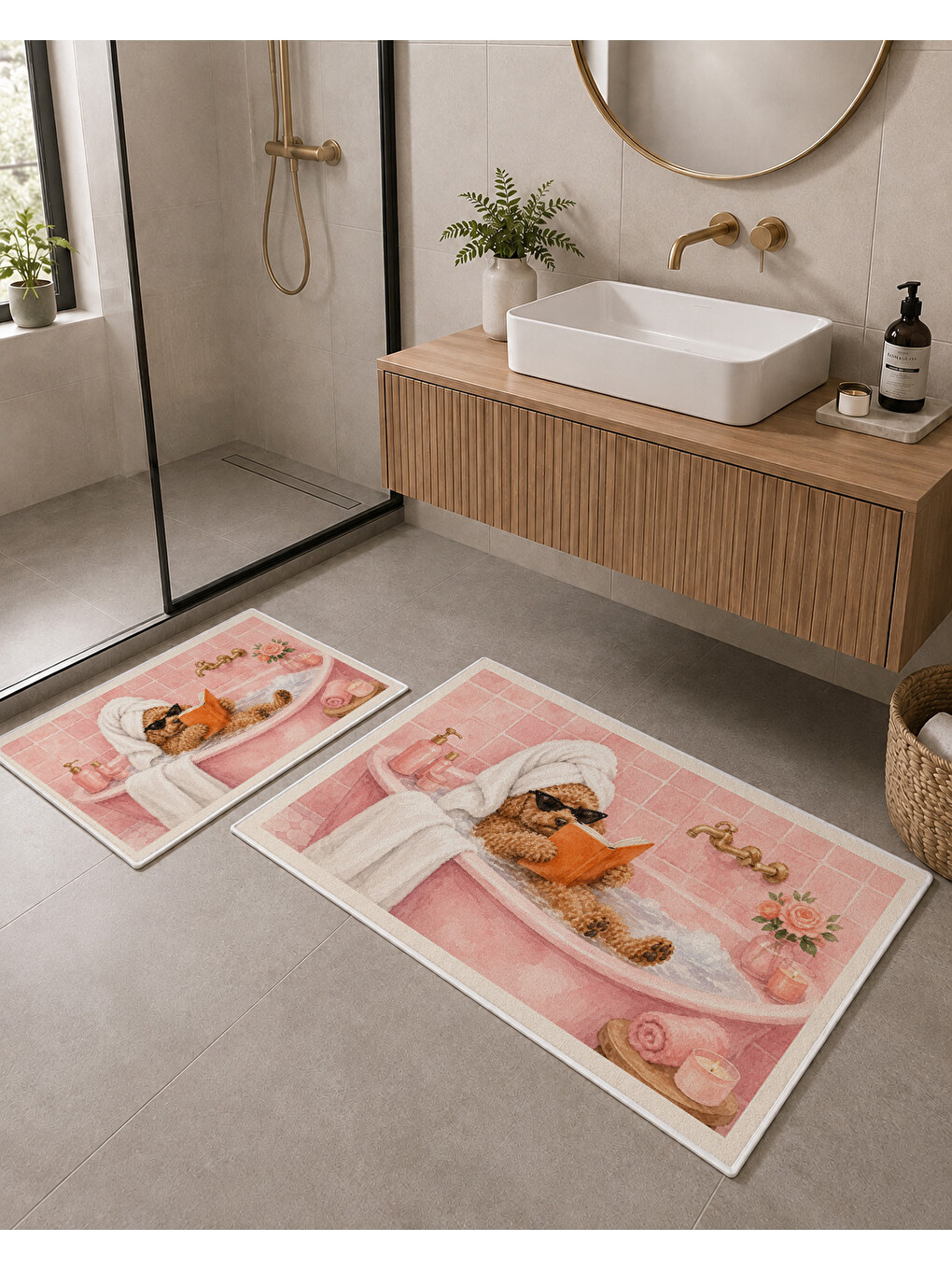 Pembe Köpek Desenli Kaymaz Taban Banyo Paspası 2’li Set Sevimli Çocuk Banyo Halısı-7