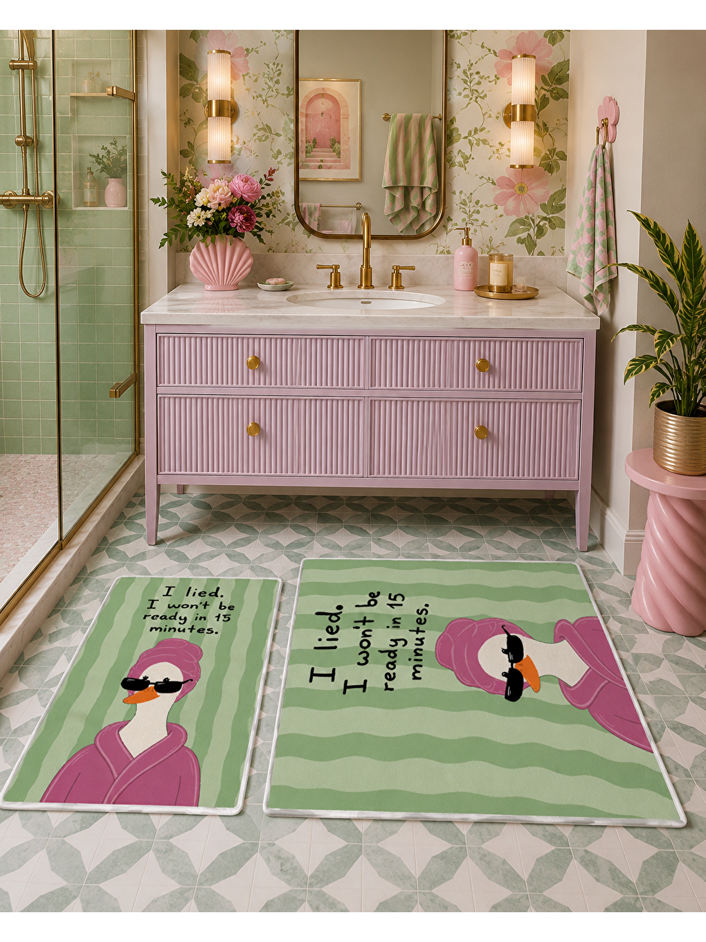 Yeşil Pembe Balon Kız Desenli Kaymaz Taban Banyo Paspası 2’li Set Çocuk Banyo Halısı-3