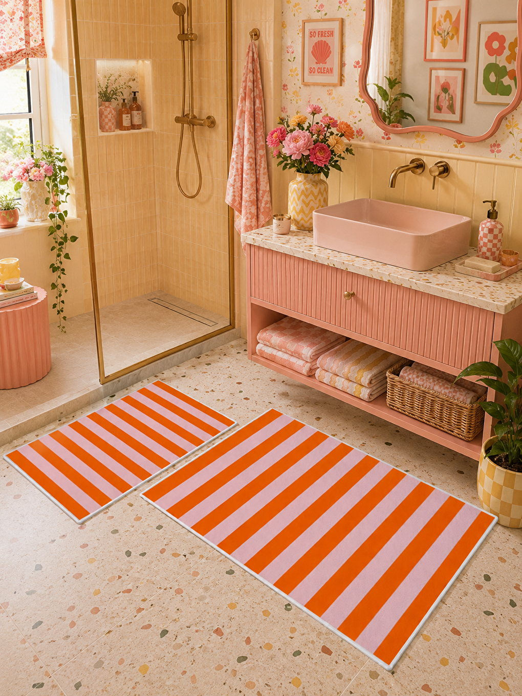 Turuncu Beyaz Çizgili Kaymaz Taban Banyo Paspası 2’li Set Modern Banyo Halısı-7
