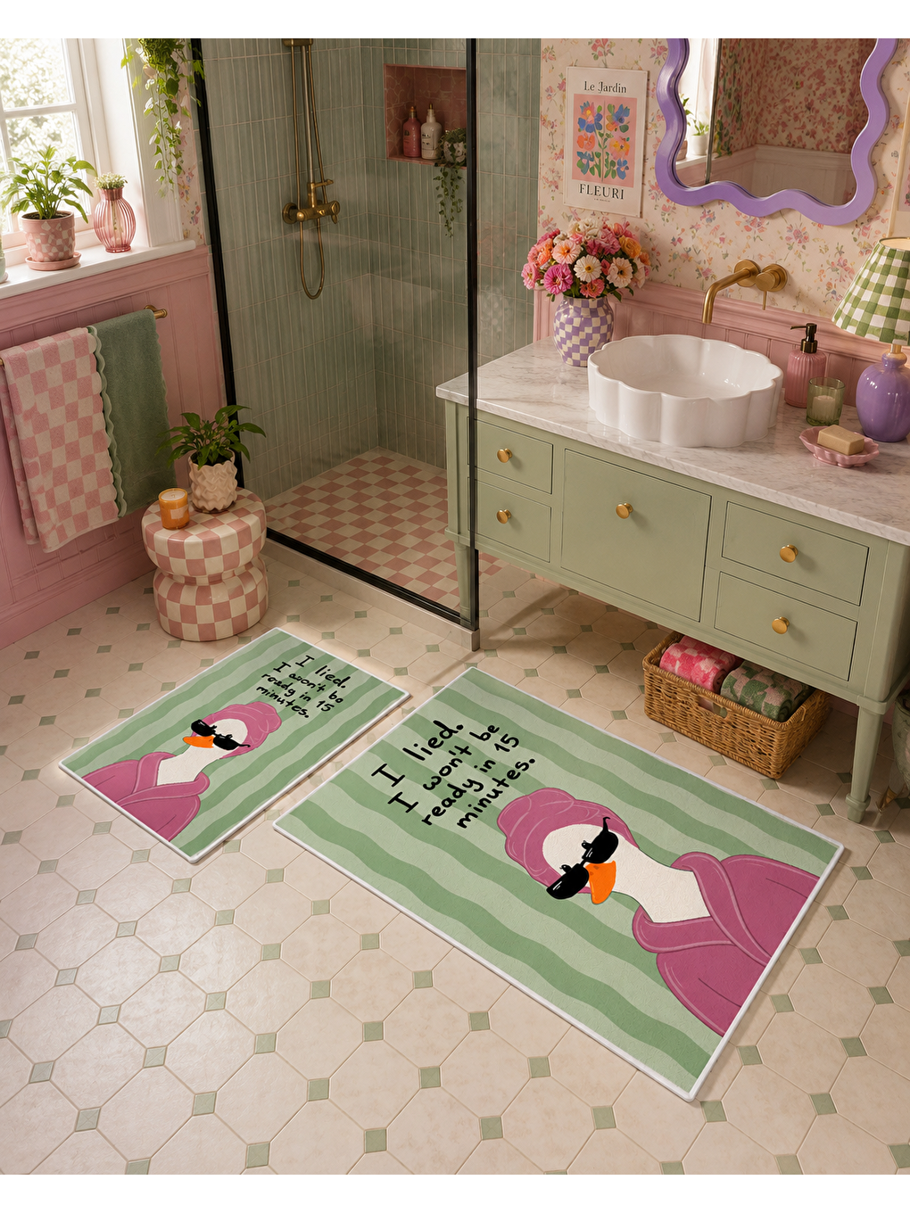 Yeşil Pembe Balon Kız Desenli Kaymaz Taban Banyo Paspası 2’li Set Çocuk Banyo Halısı-4