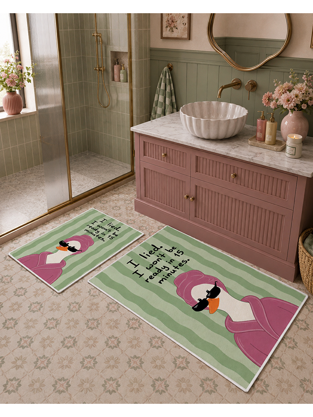Yeşil Pembe Balon Kız Desenli Kaymaz Taban Banyo Paspası 2’li Set Çocuk Banyo Halısı-5