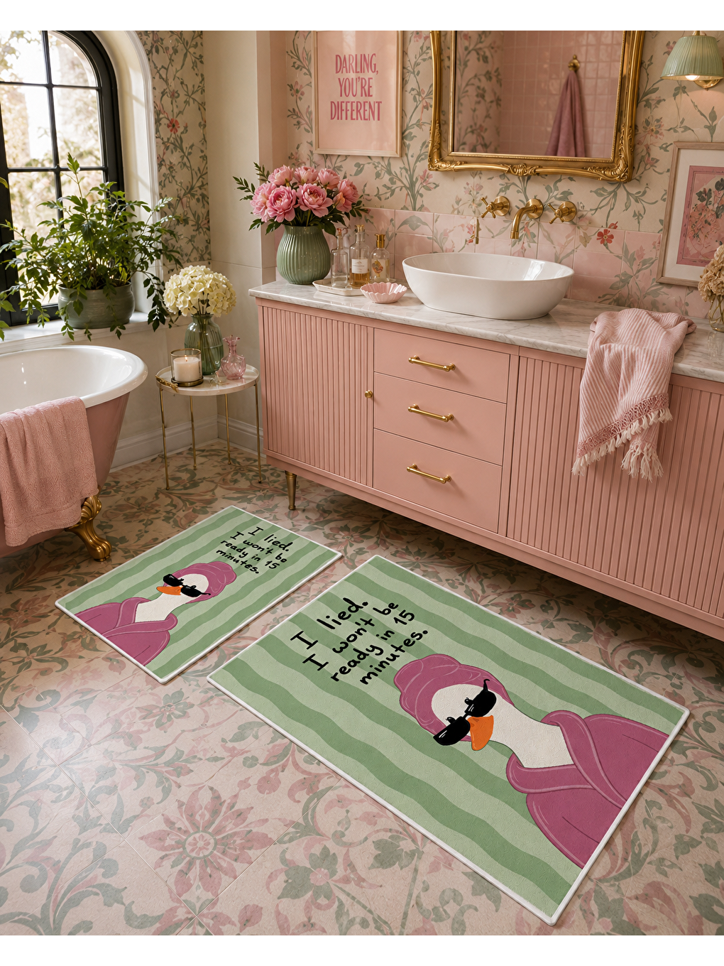 Yeşil Pembe Balon Kız Desenli Kaymaz Taban Banyo Paspası 2’li Set Çocuk Banyo Halısı-6