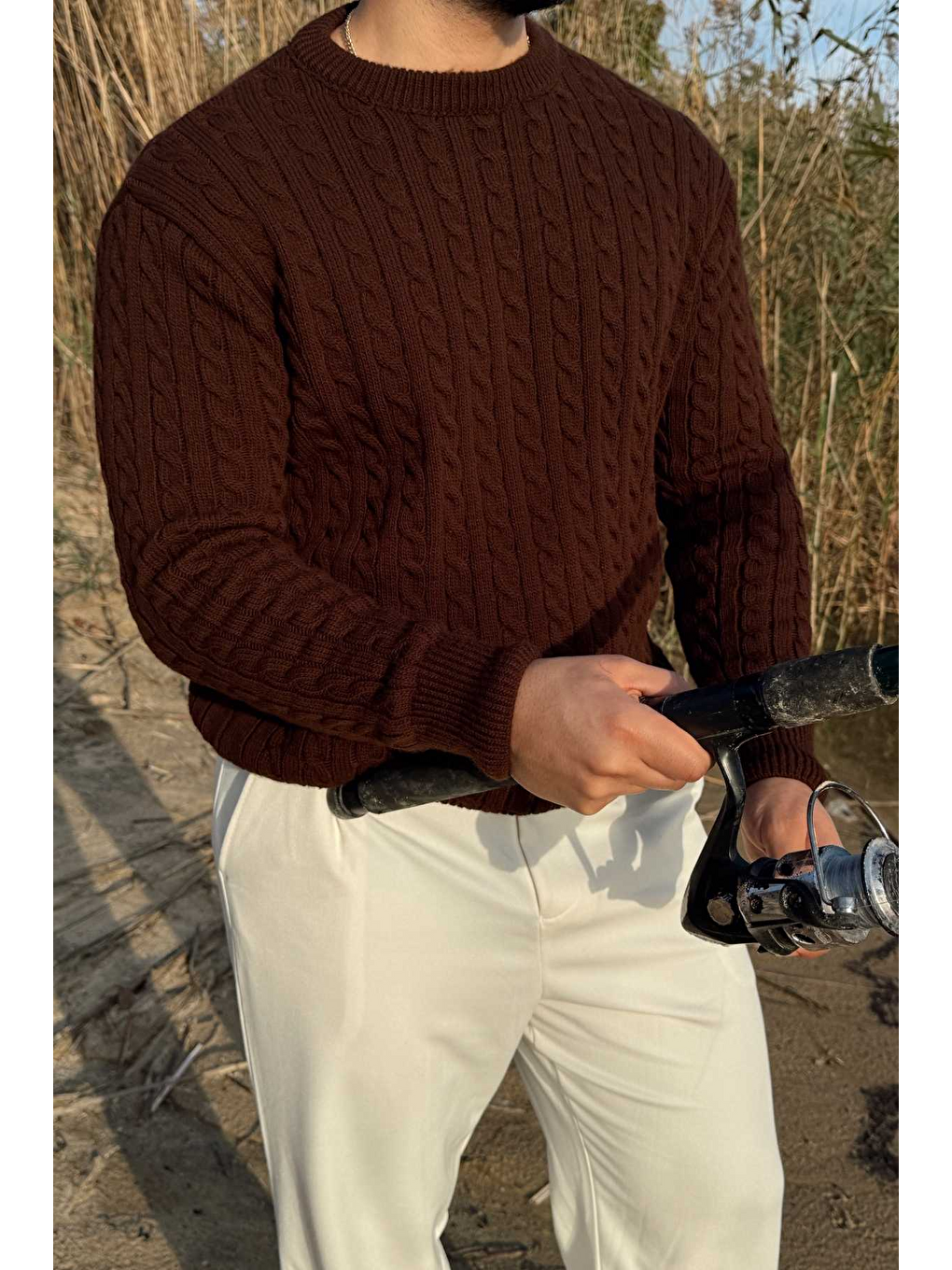 Kahverengi Mira Premium Saç Örgü Bisiklet Yaka Kalın Triko Kazak-1