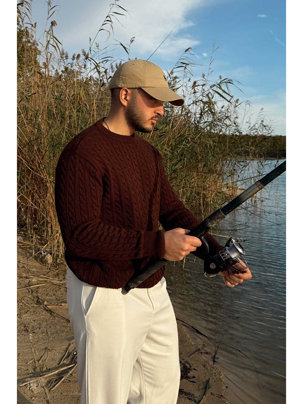 Kahverengi Mira Premium Saç Örgü Bisiklet Yaka Kalın Triko Kazak-2