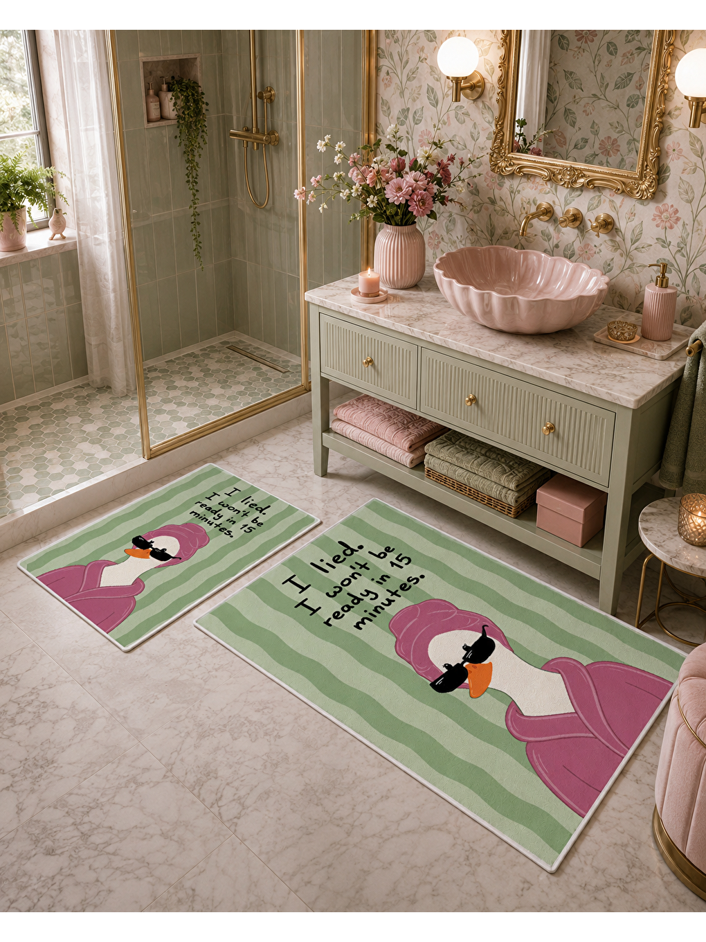 Yeşil Pembe Balon Kız Desenli Kaymaz Taban Banyo Paspası 2’li Set Çocuk Banyo Halısı-7