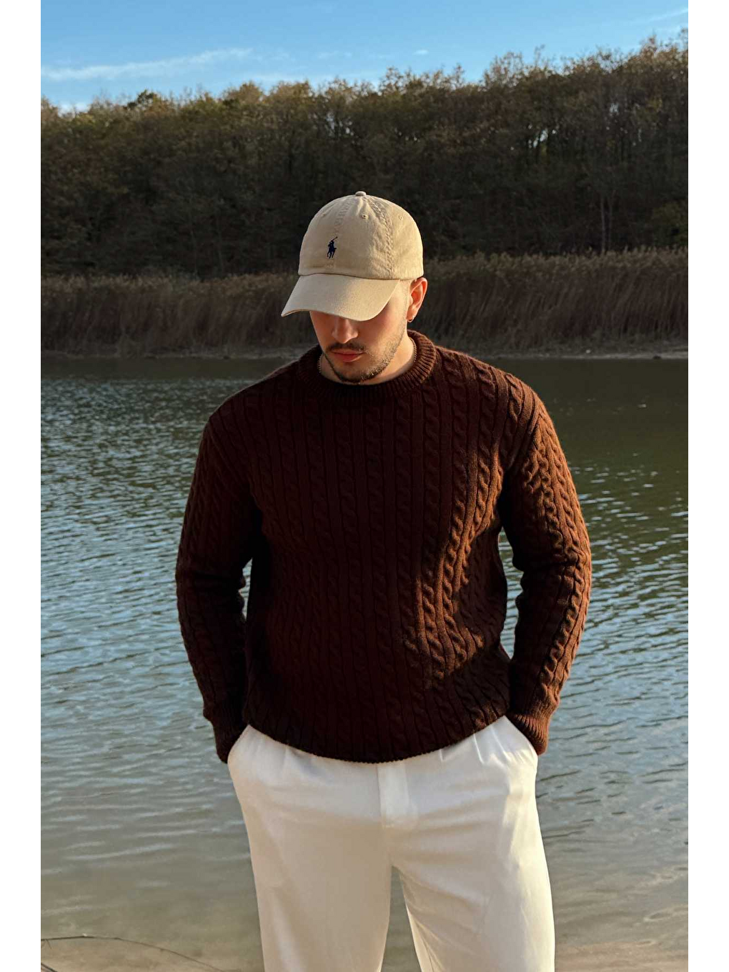 Kahverengi Mira Premium Saç Örgü Bisiklet Yaka Kalın Triko Kazak-4