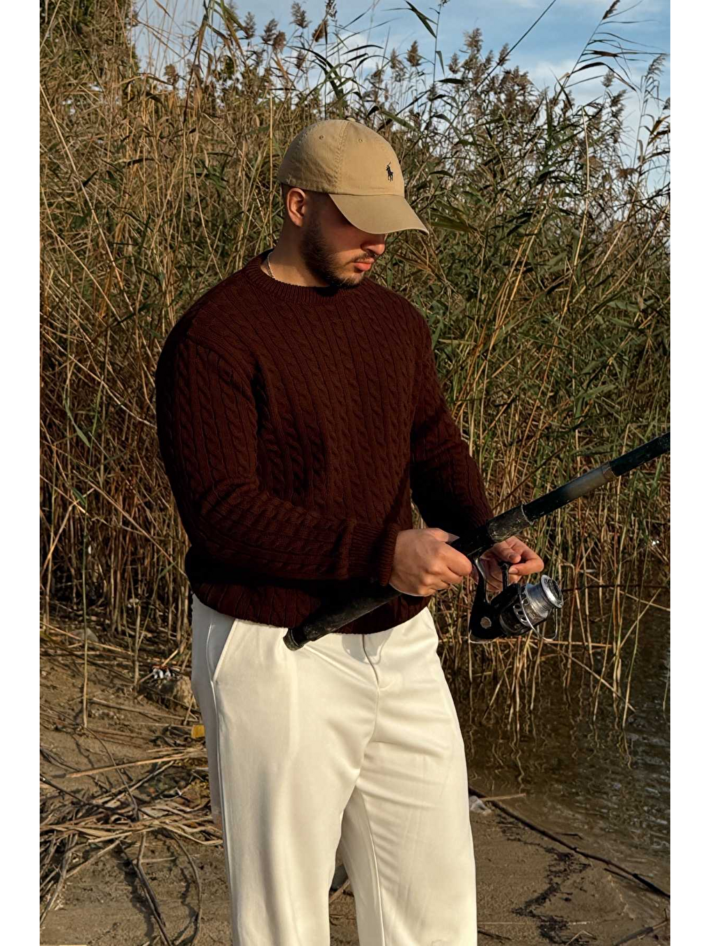 Kahverengi Mira Premium Saç Örgü Bisiklet Yaka Kalın Triko Kazak-5