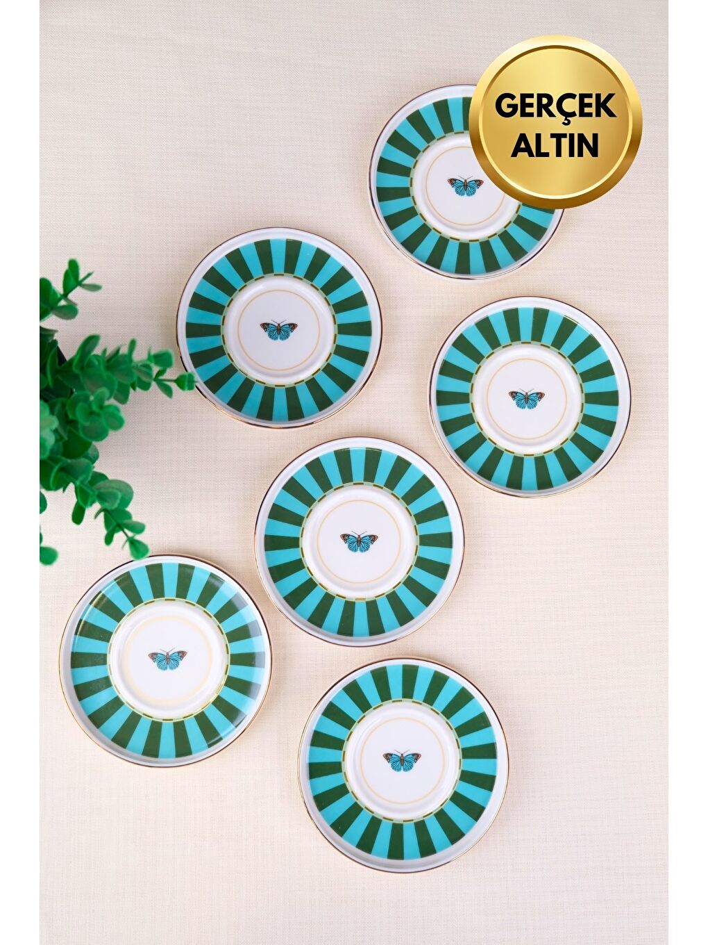 Karışık Porselen Butterfly Collection Altın Yaldızlı Çay Tabağı 11,8cm Yeşil 6 lı