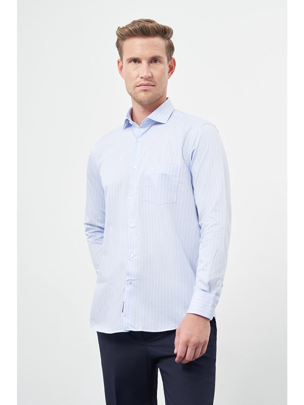 Koyu Mavi Uzun Kol Desen Yarım İtalyan Yaka Cepli Pamuklu Classic Comfort Fit Gömlek 1004245182-2