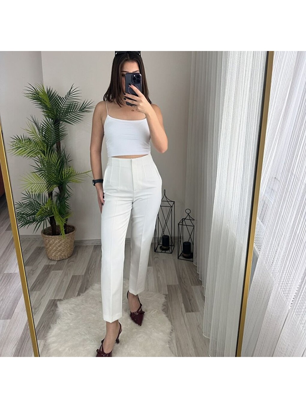 Beyaz Kadın Üste Oturan Paçası Bilek Üzerinde Biten Atlas Kumaş Pantolon 36 (s) - 50 (5xl)-2