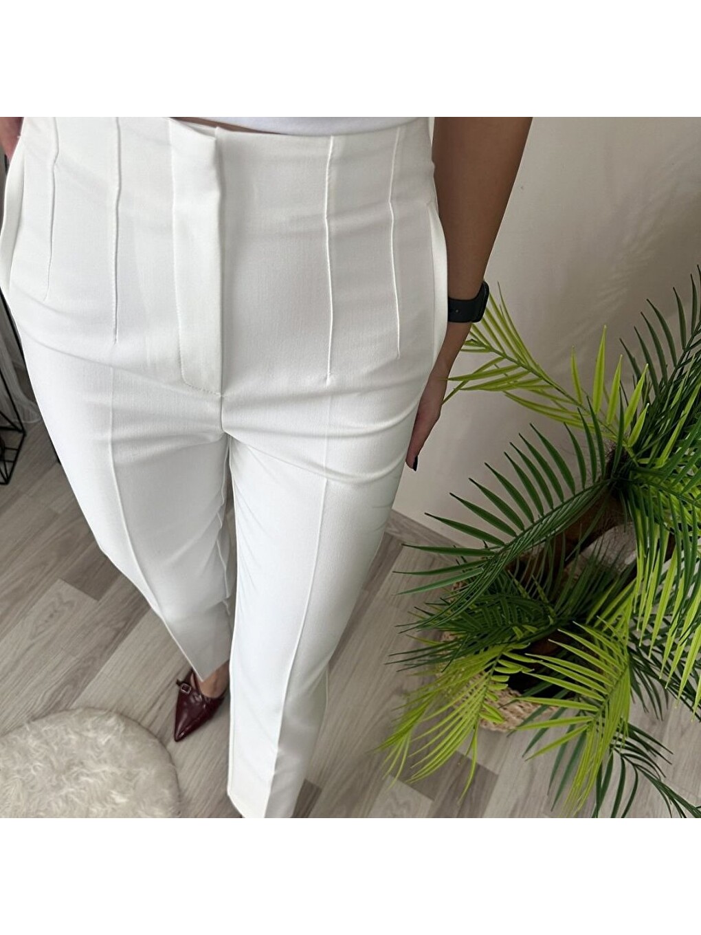 Beyaz Kadın Üste Oturan Paçası Bilek Üzerinde Biten Atlas Kumaş Pantolon 36 (s) - 50 (5xl)-3