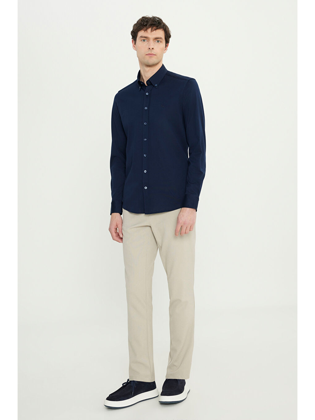 Erkek Lacivert %100 Pamuk Örme Slim Fit Dar Kesim Düğmeli Yaka Gömlek-1