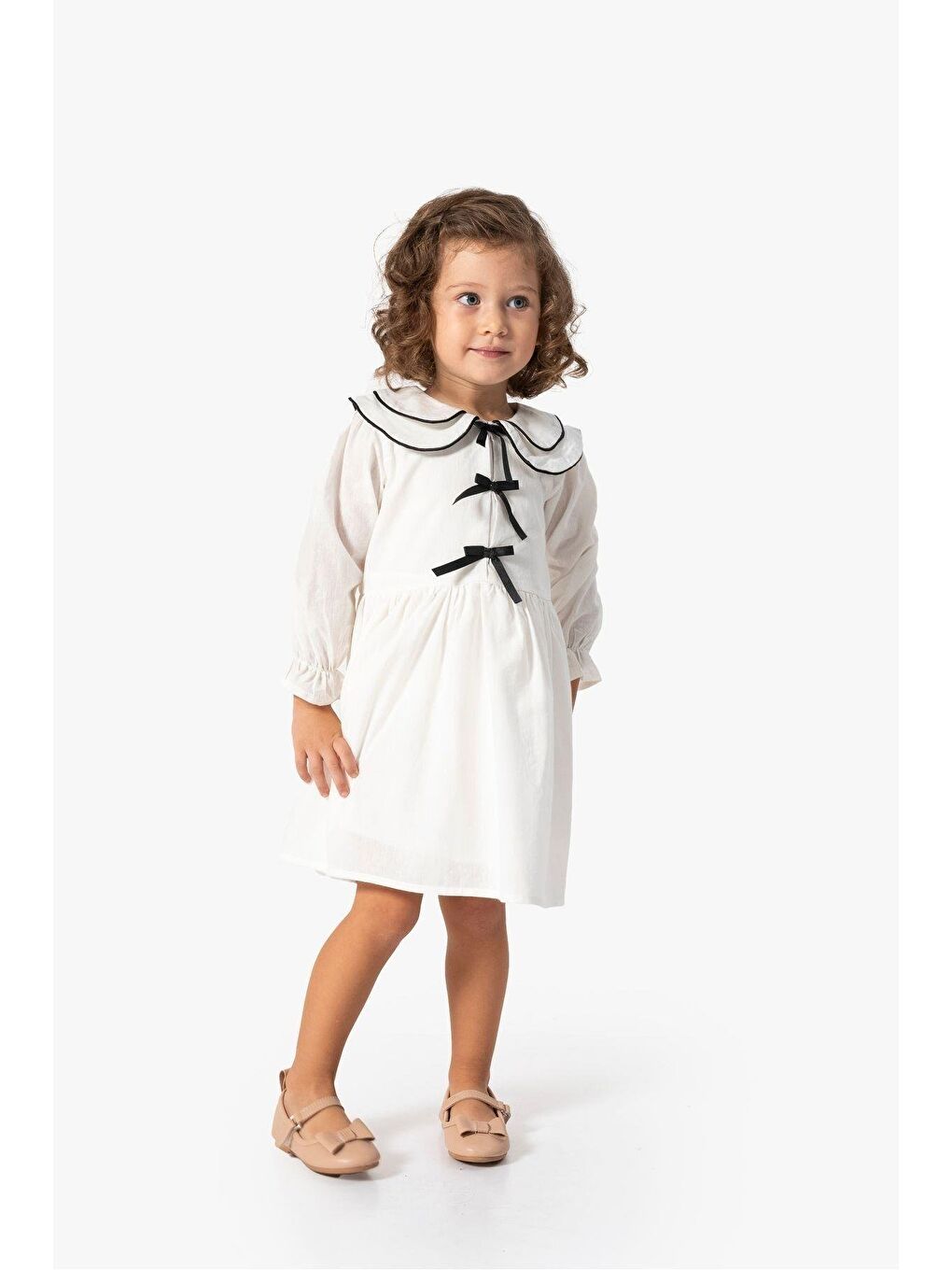 Beyaz Kız Çocuk  Doğum Günü Parti Düğün Uzun Kollu Astarlı Elbise