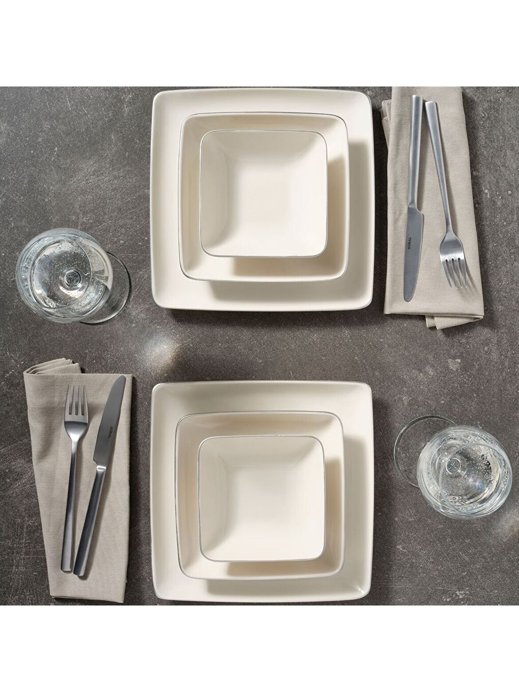 Ekru Kansas 18 Parça 6 Kişilik Kare Yemek Takımı Pırlanta-3