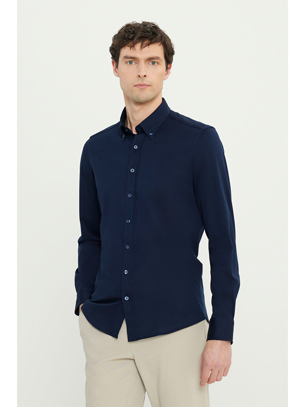 Erkek Lacivert %100 Pamuk Örme Slim Fit Dar Kesim Düğmeli Yaka Gömlek-2