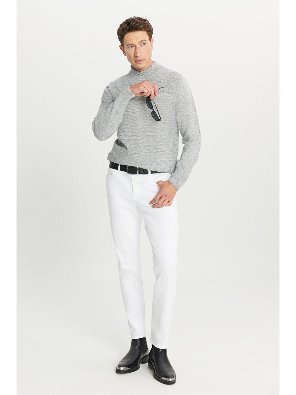 Erkek Gri Melanj Standart Fit Normal Kesim Yarım Balıkçı Yaka Jakarlı Triko Kazak-1