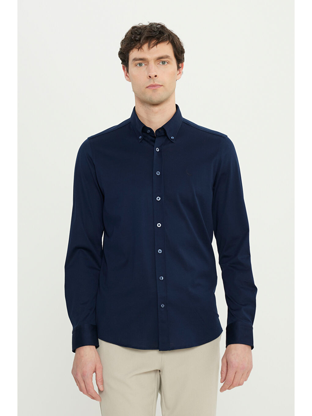 Erkek Lacivert %100 Pamuk Örme Slim Fit Dar Kesim Düğmeli Yaka Gömlek-3