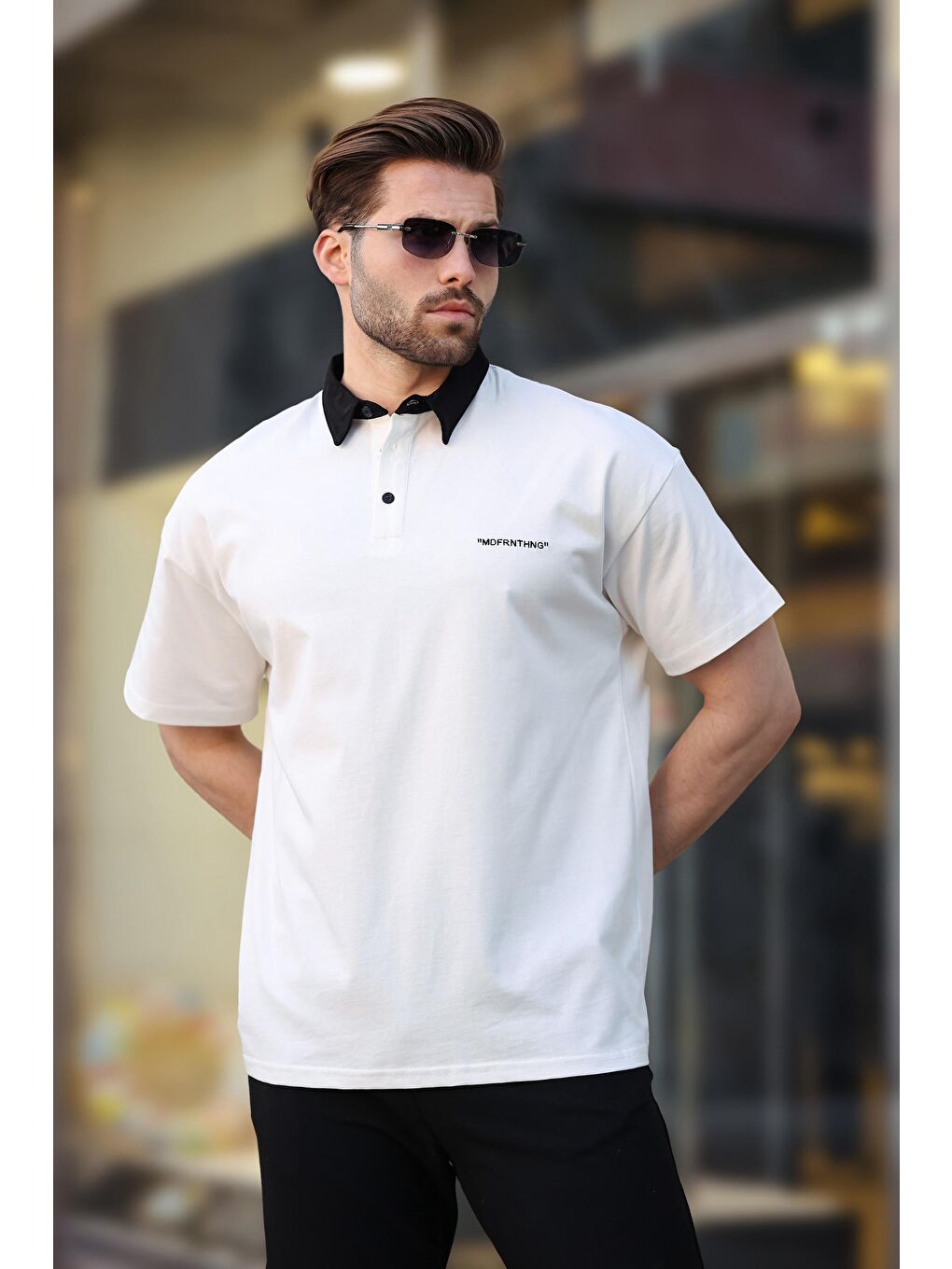 Ekru Düğmeli Polo Yaka Erkek %100 Pamuk Tişört E7119