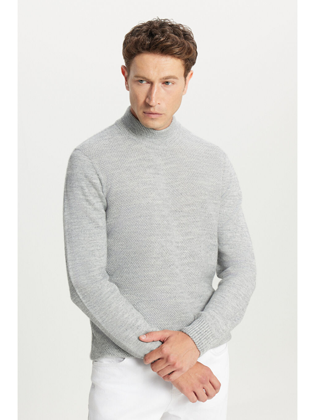 Erkek Gri Melanj Standart Fit Normal Kesim Yarım Balıkçı Yaka Jakarlı Triko Kazak-2