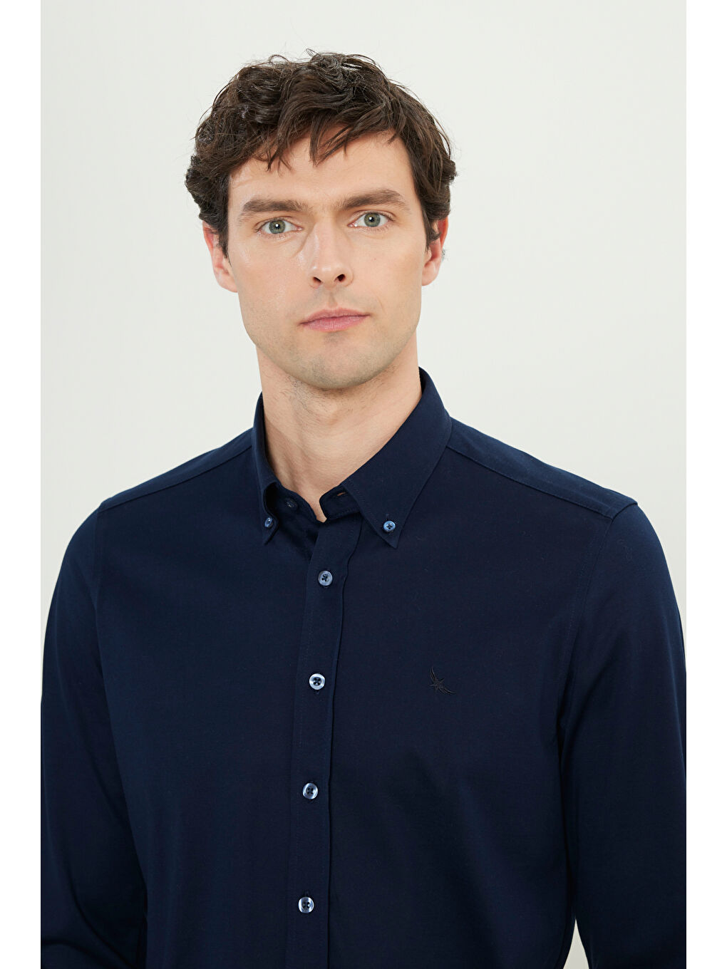 Erkek Lacivert %100 Pamuk Örme Slim Fit Dar Kesim Düğmeli Yaka Gömlek-4