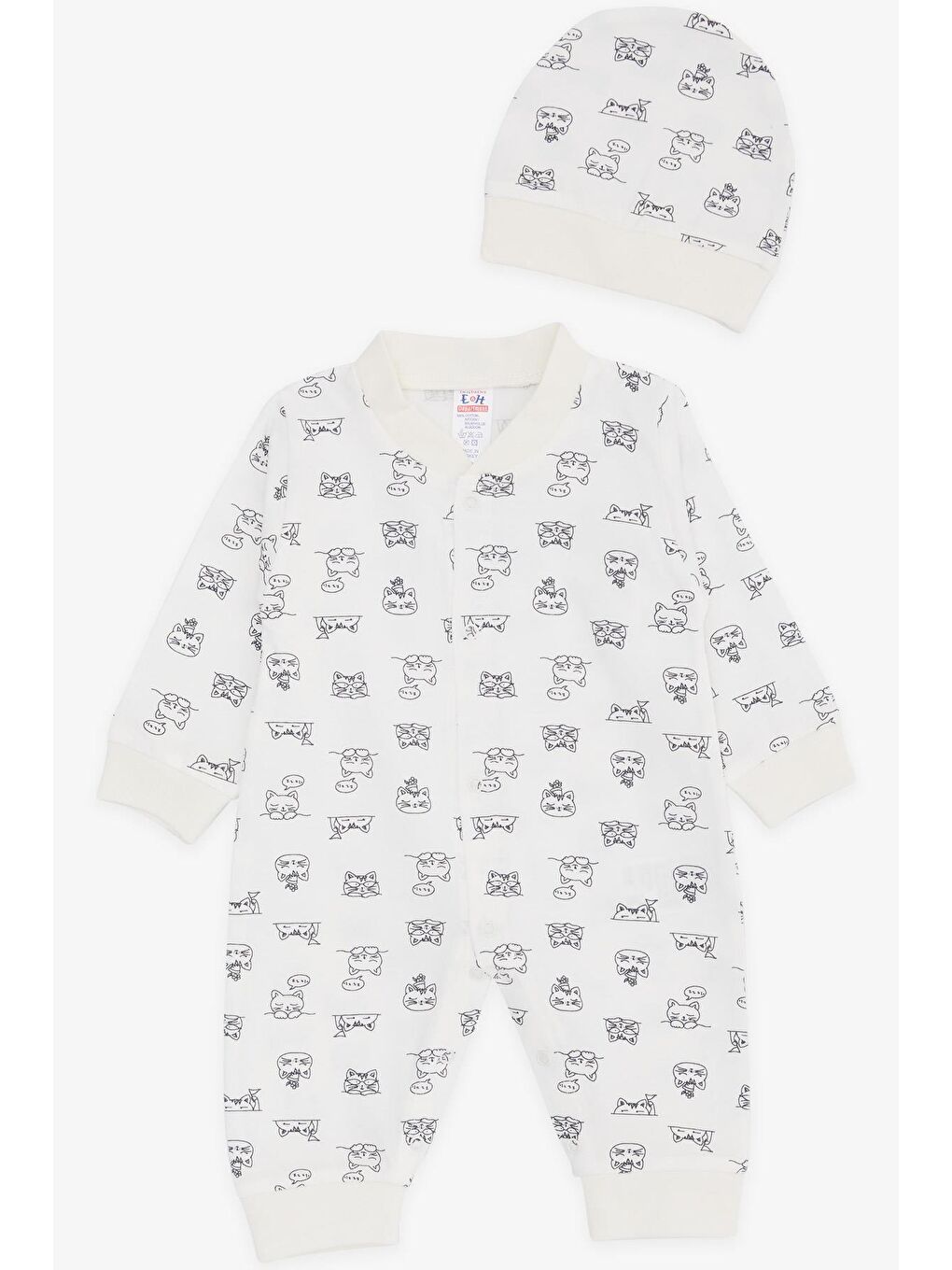 Erkek Bebek Tulum Uykucu Kedicik Desenli Ekru (0-6 Ay)