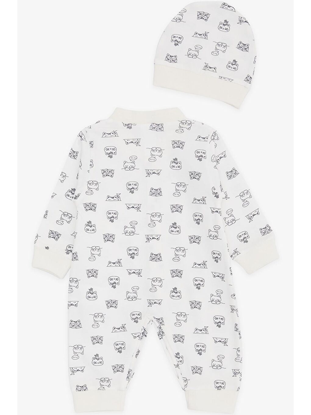 Erkek Bebek Tulum Uykucu Kedicik Desenli Ekru (0-6 Ay)-1