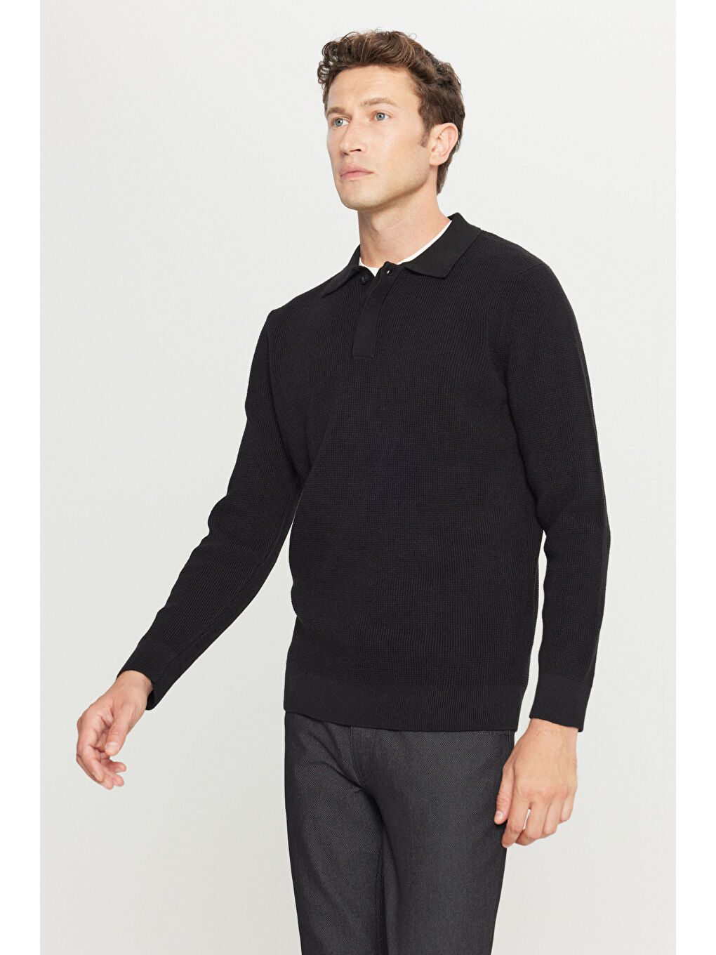 Erkek Siyah Pamuklu Standart Fit Normal Kesim Jakarlı Polo Yaka Triko Kazak-2