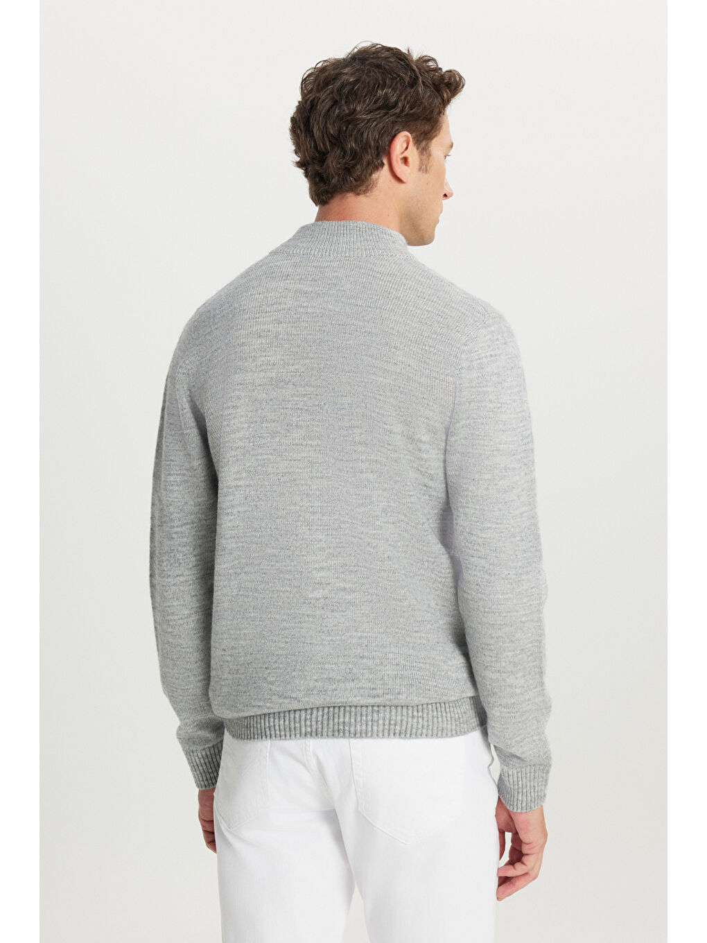 Erkek Gri Melanj Standart Fit Normal Kesim Yarım Balıkçı Yaka Jakarlı Triko Kazak-4