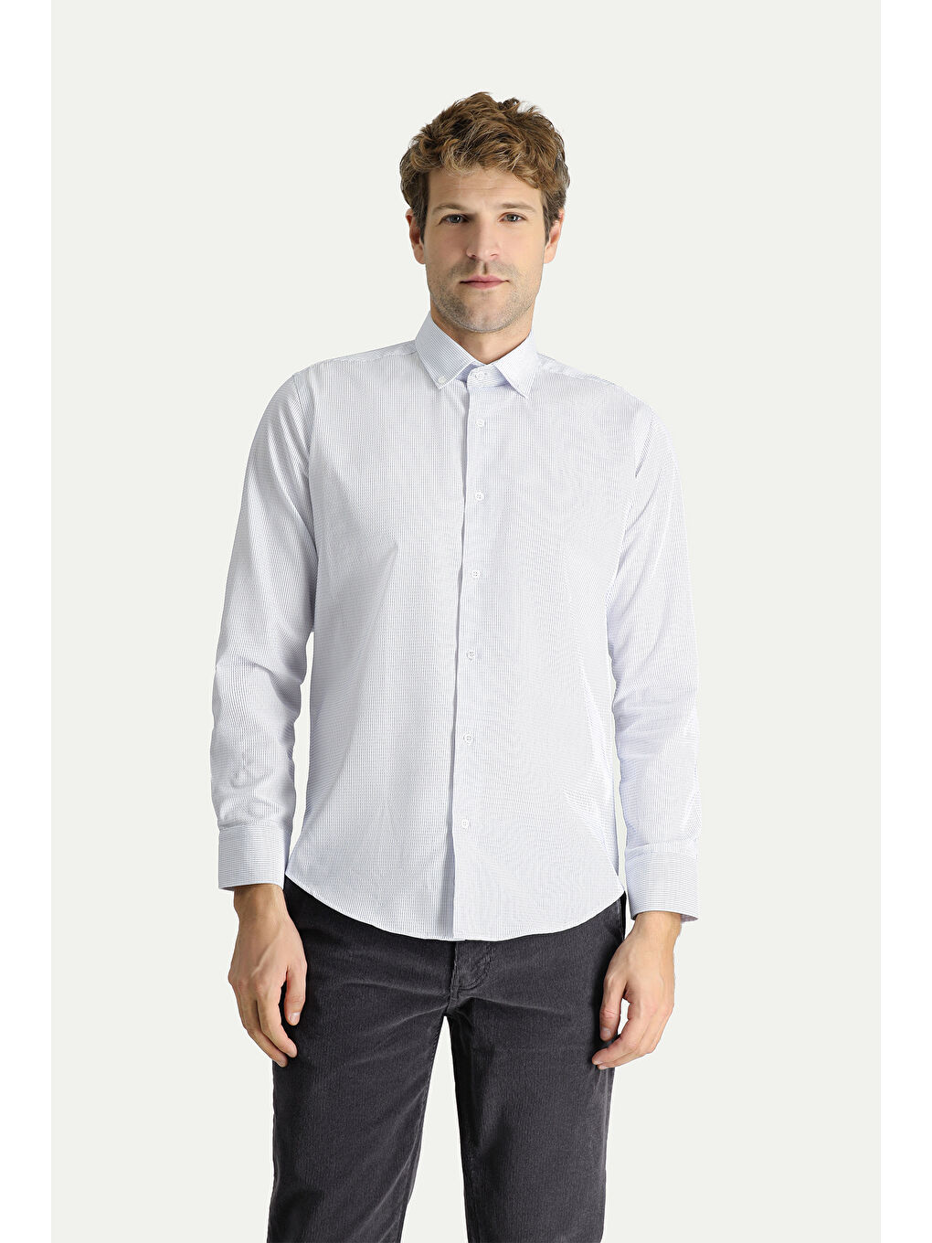 Beyaz Uzun Kol Slim Fit Dar Kesim Non Iron Çizgili Pamuklu Gömlek-2
