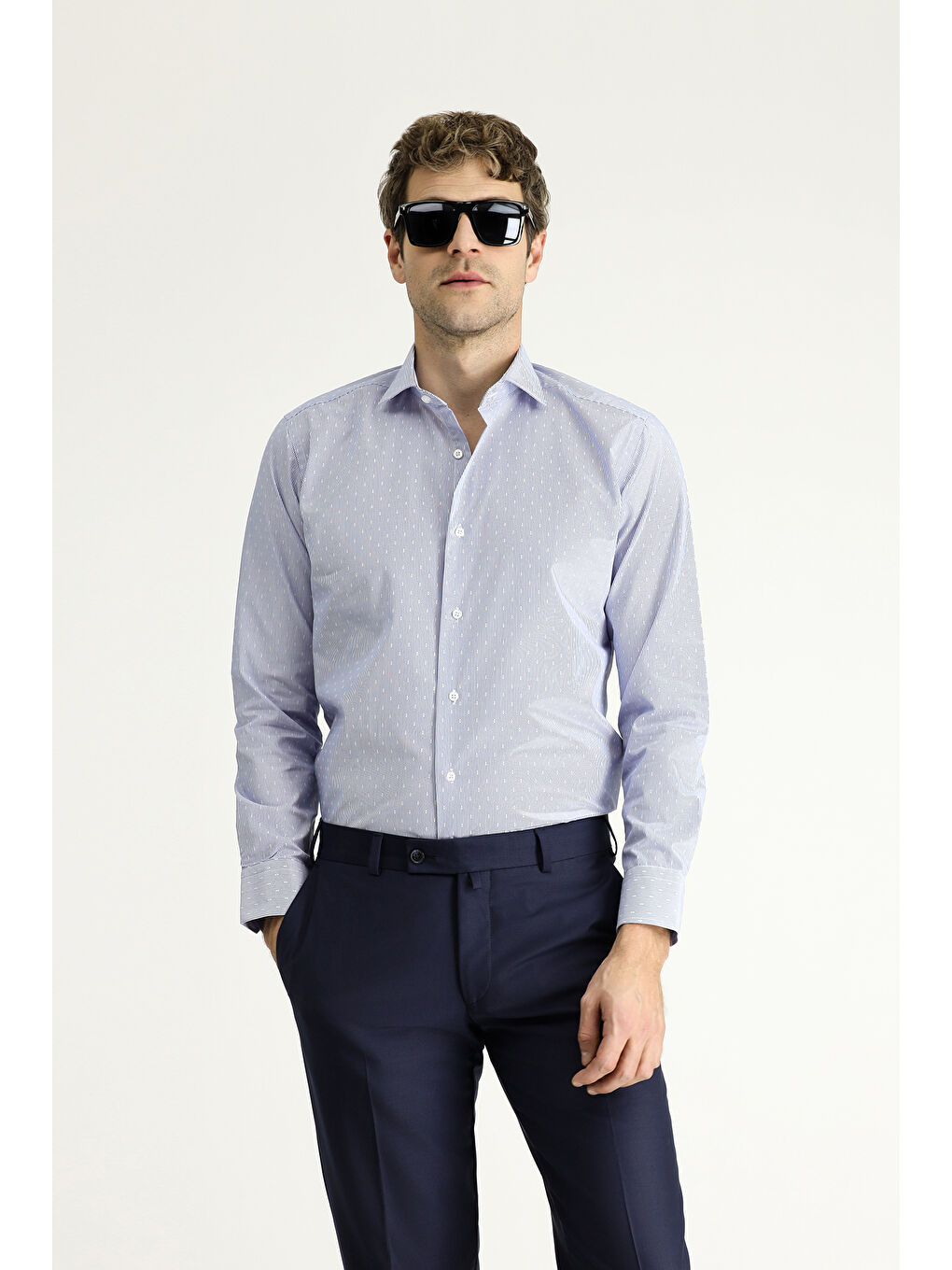 Mavi Uzun Kol Slim Fit Dar Kesim Non Iron Klasik Desenli Pamuklu Gömlek-1