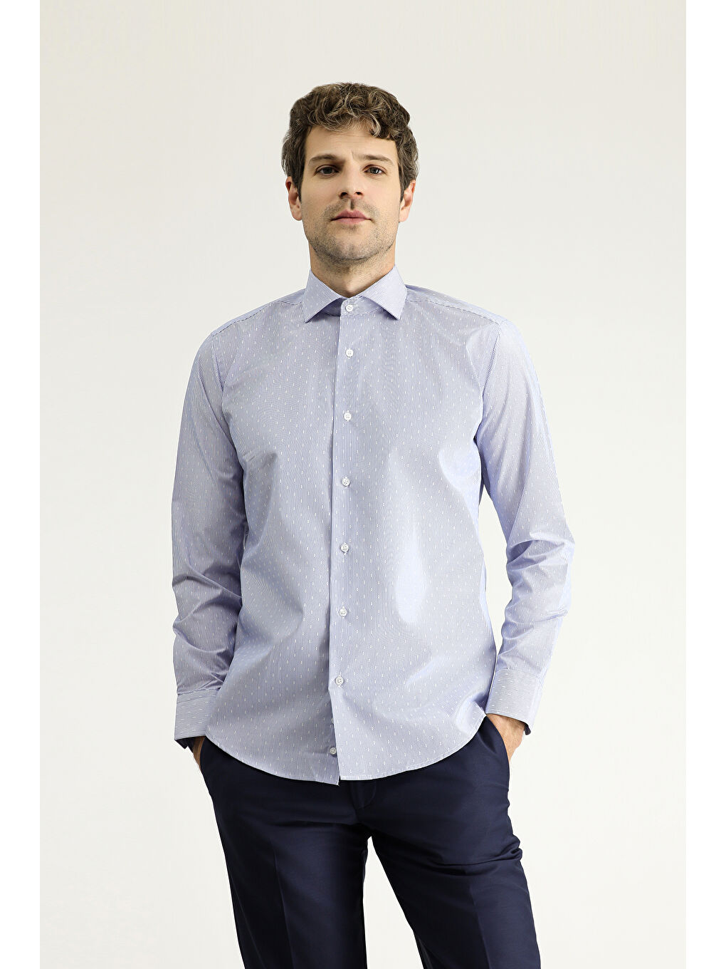 Mavi Uzun Kol Slim Fit Dar Kesim Non Iron Klasik Desenli Pamuklu Gömlek-2