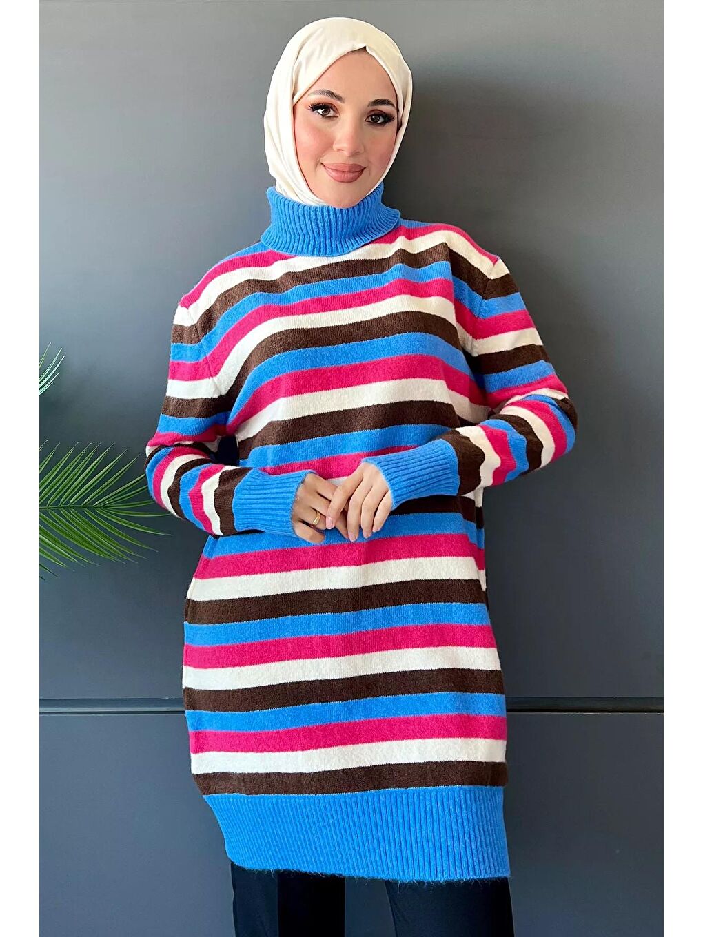 Mavi Tam Balıkçı Yaka Çizgi Desenli Renk Bloklu Kadın Tesettür Triko Tunik-2