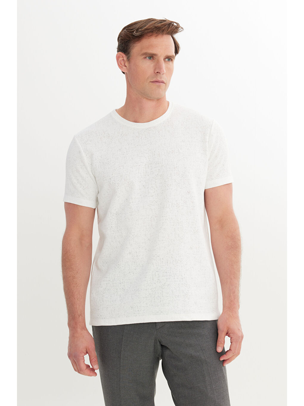 Erkek Ekru Pamuklu Slim Fit Dar Kesim Bisiklet Yaka Jakarlı Esnek Tişört-3