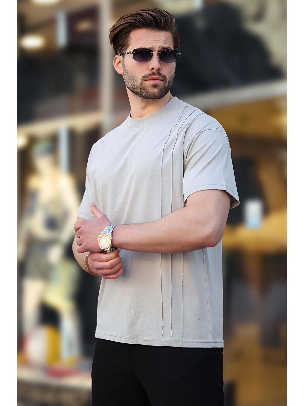 Boyalı Gri Overfit Erkek %100 Pamuk Tişört E7130-1