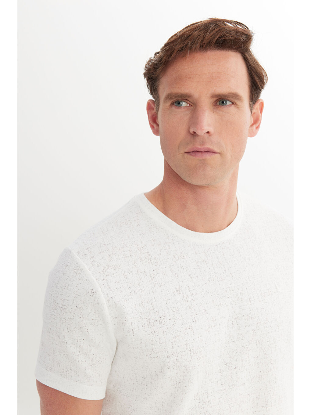 Erkek Ekru Pamuklu Slim Fit Dar Kesim Bisiklet Yaka Jakarlı Esnek Tişört-4