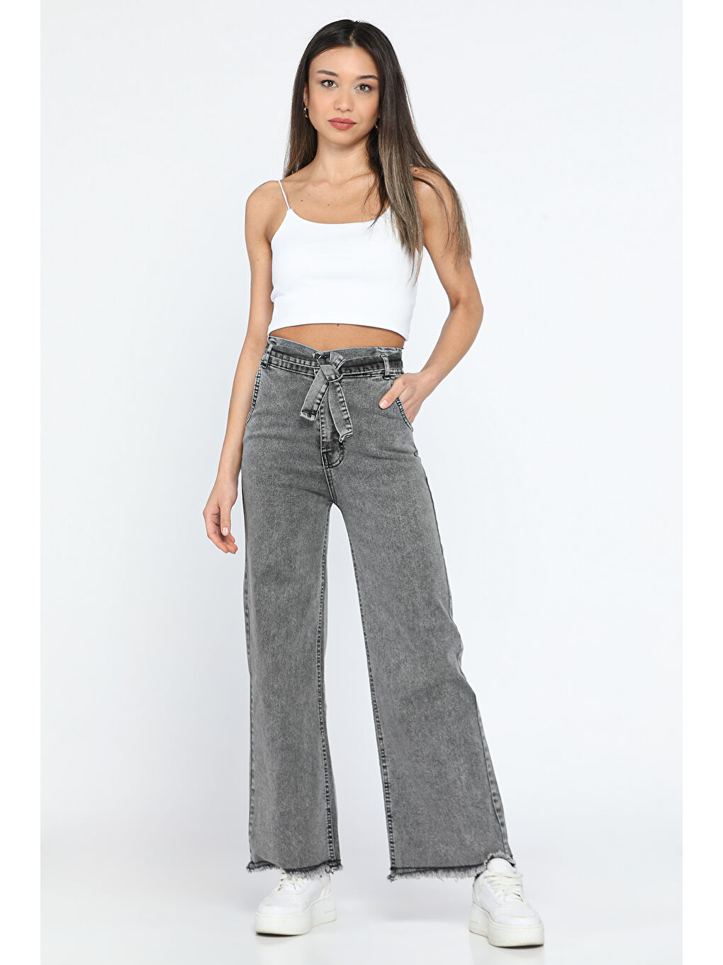 Antrasit Kuşaklı Yüksek Bel Elastanlı Paça Püsküllü Kadın Palazzo Pantolon-1