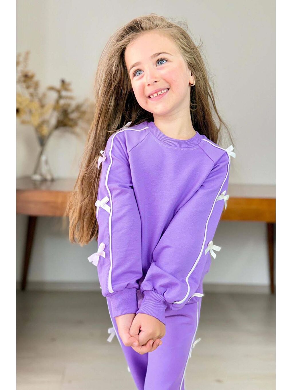 Kız Çocuk Kolları ve Gövdesi Fiyonk Şerit Detaylı Lila Eşofman Takım-1