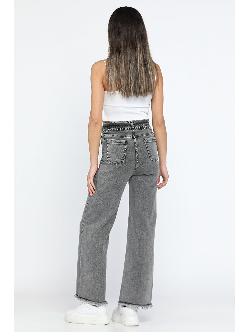 Antrasit Kuşaklı Yüksek Bel Elastanlı Paça Püsküllü Kadın Palazzo Pantolon-2