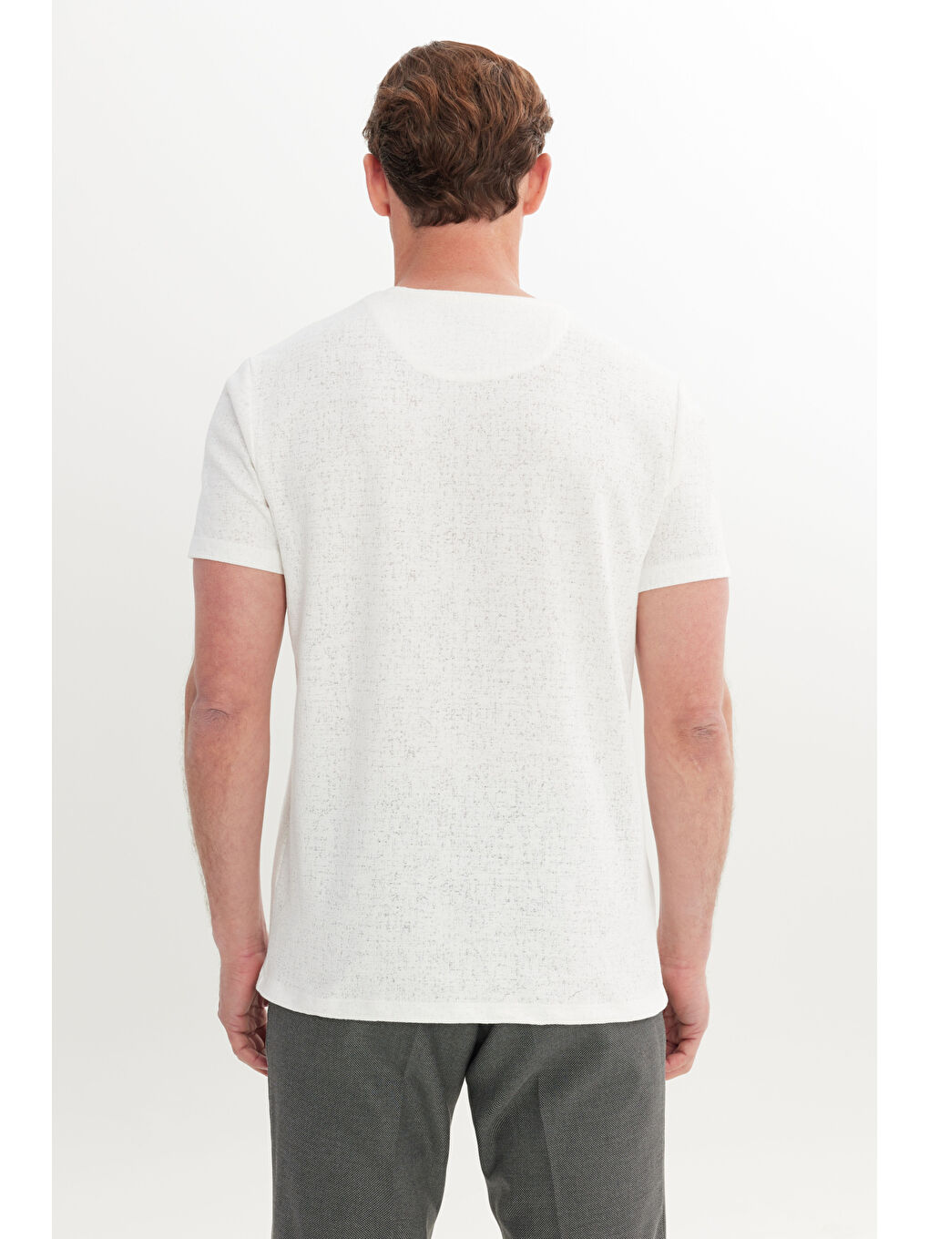 Erkek Ekru Pamuklu Slim Fit Dar Kesim Bisiklet Yaka Jakarlı Esnek Tişört-5