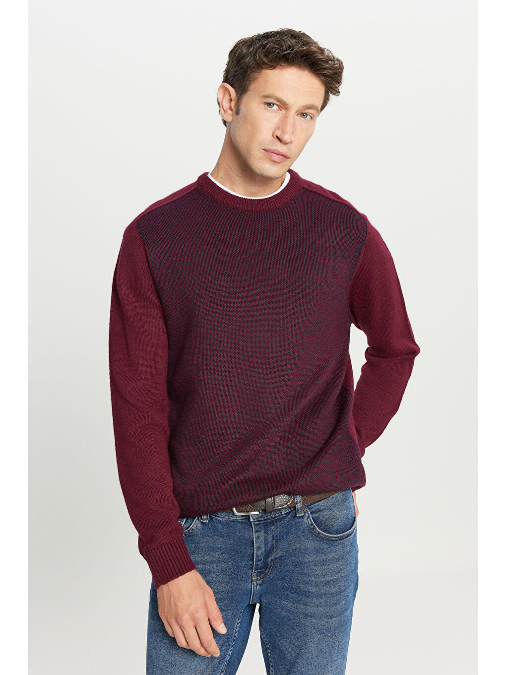 Erkek Bordo-Lacivert Standart Fit Normal Kesim Bisiklet Yaka Jakarlı Triko Kazak