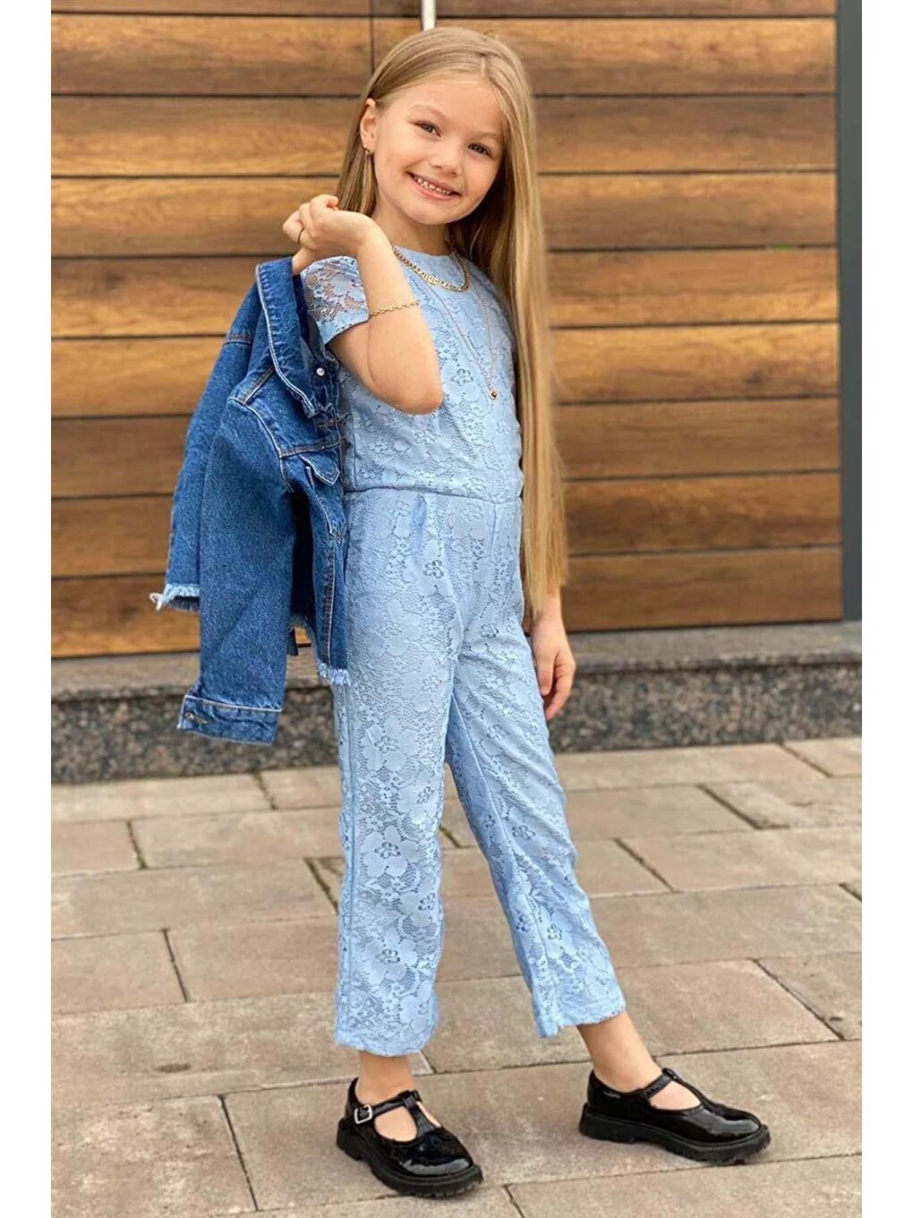 Kız Çocuk Boydan Üzeri Dantel İşlemeli Şeffaf Tül İçi Astarlı Mavi Tulum-1