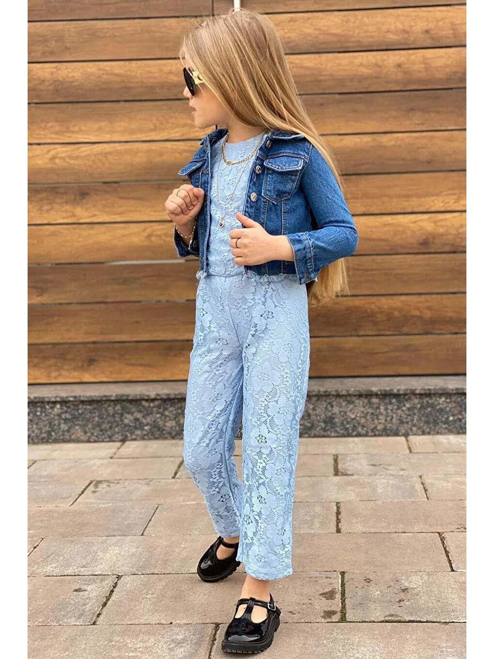 Kız Çocuk Boydan Üzeri Dantel İşlemeli Şeffaf Tül İçi Astarlı Mavi Tulum-2