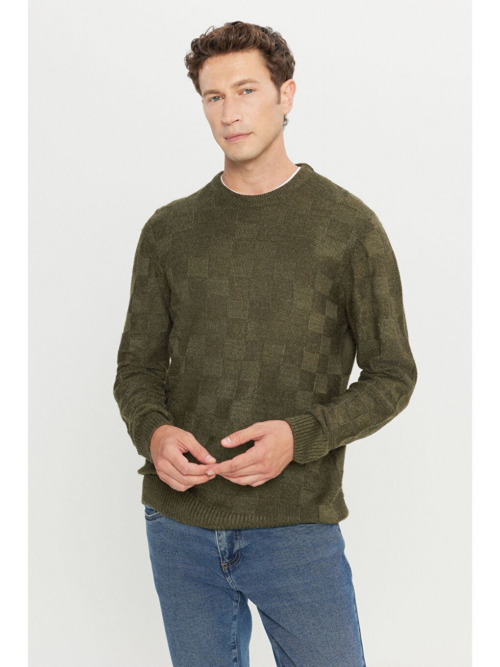 Erkek Haki Standart Fit Normal Kesim Bisiklet Yaka Jakarlı Triko Kazak