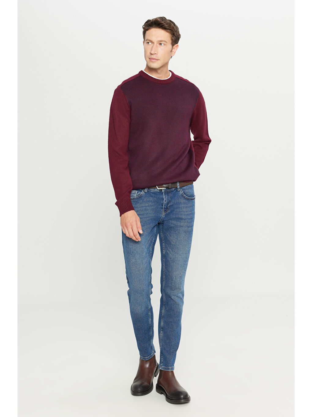 Erkek Bordo-Lacivert Standart Fit Normal Kesim Bisiklet Yaka Jakarlı Triko Kazak-1