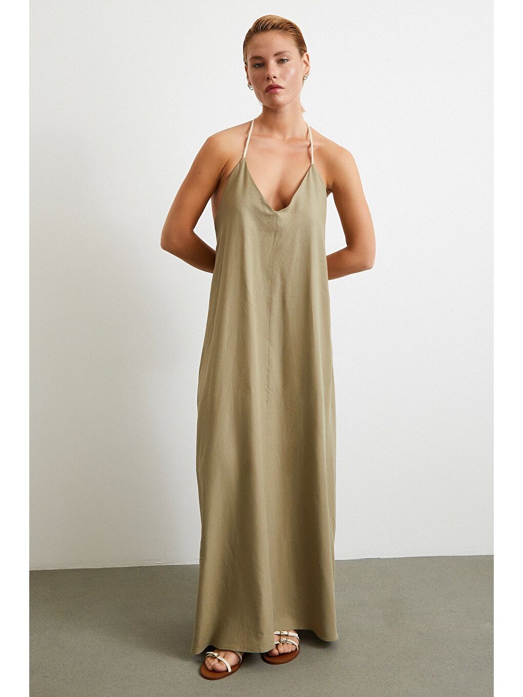 İp Askılı Keten Elbise Haki