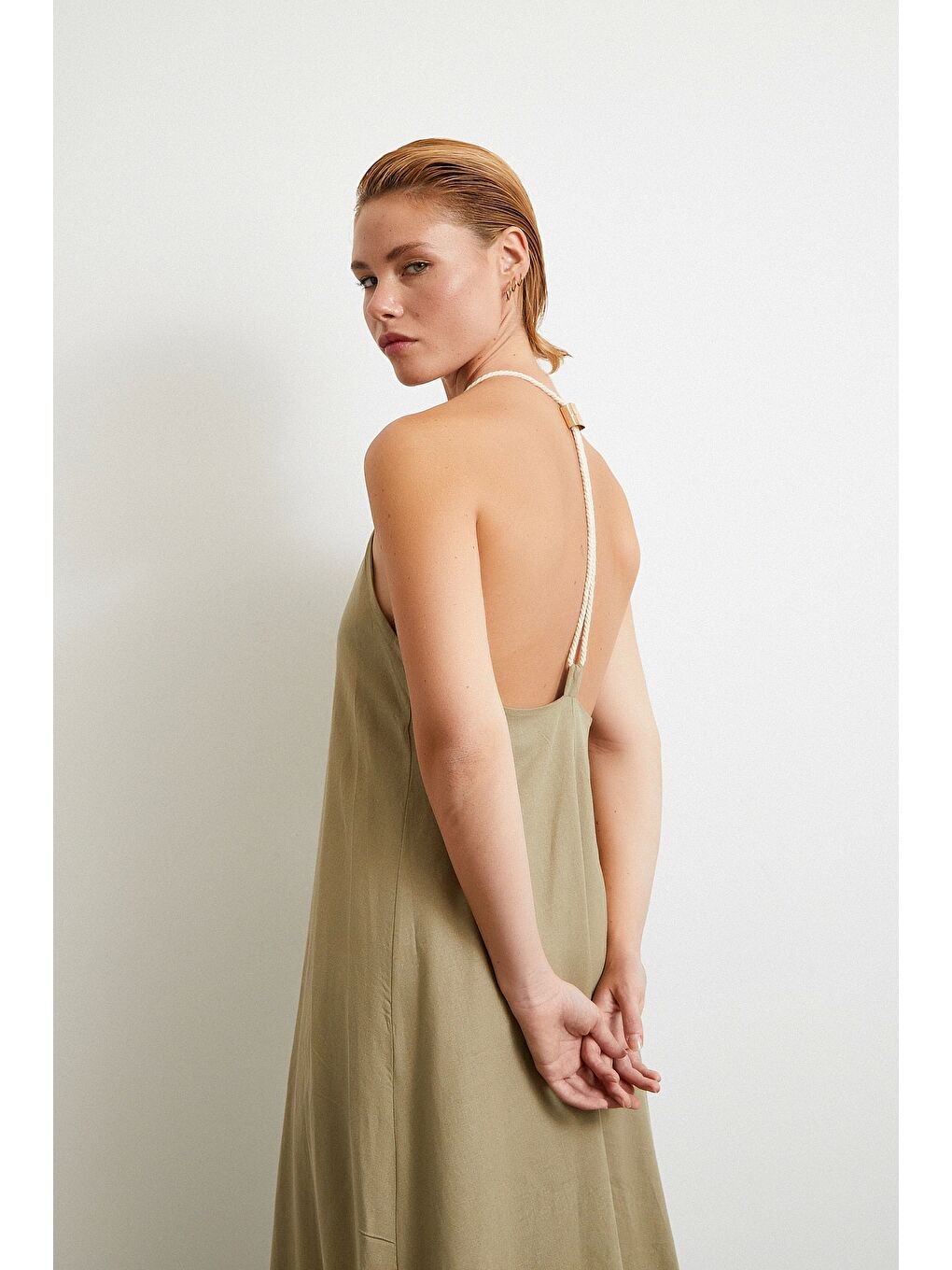 İp Askılı Keten Elbise Haki-1