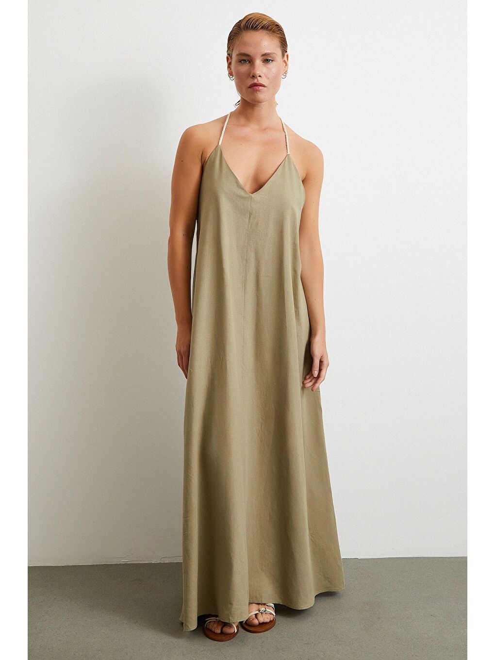 İp Askılı Keten Elbise Haki-2