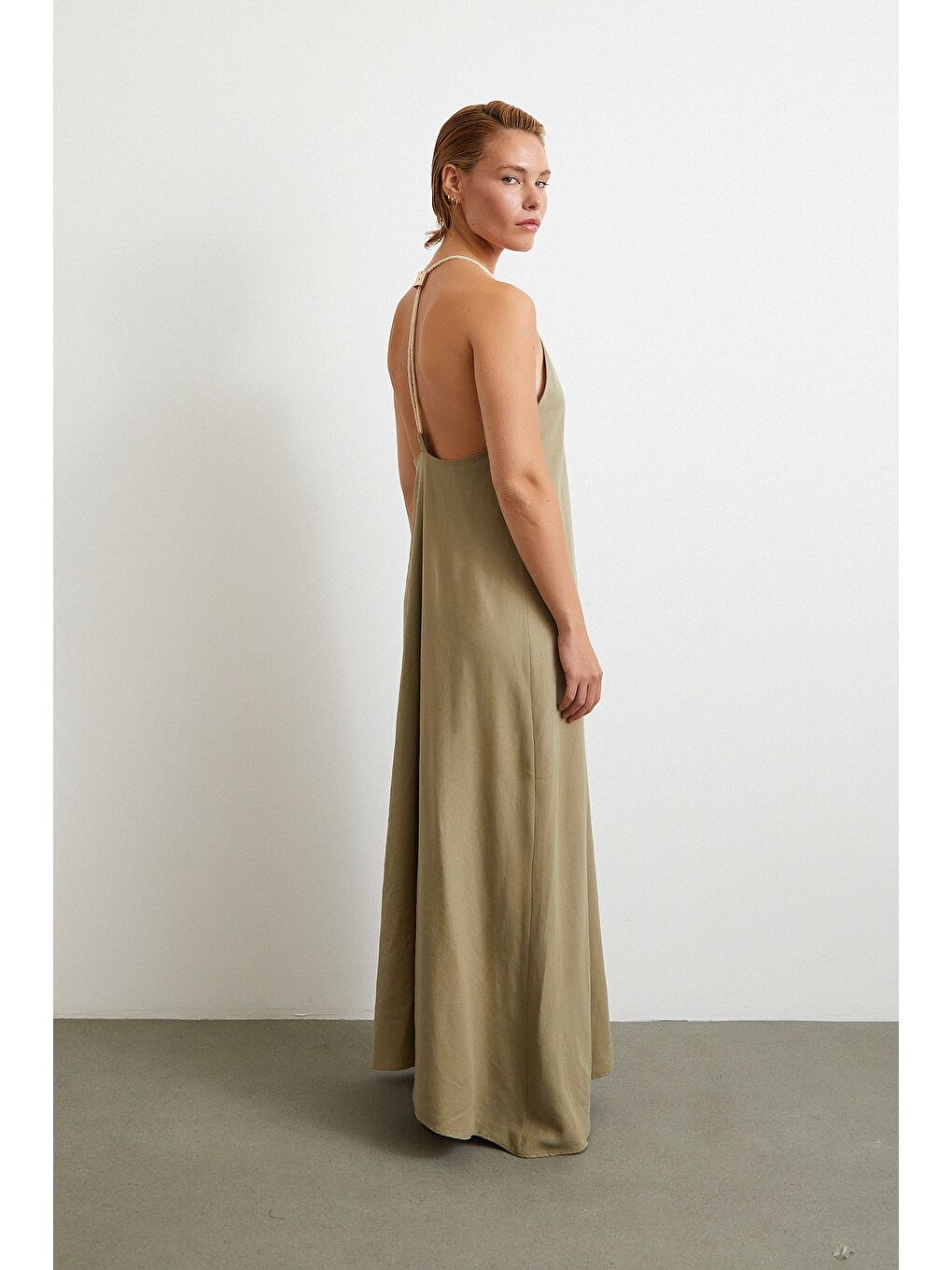 İp Askılı Keten Elbise Haki-3